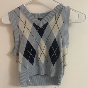 Argyle Knit Sweater Vest in Blue and Cream
